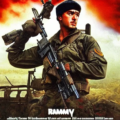 Image similar to rambo movie posters with soldiers, military trucks, helicopters, explosions