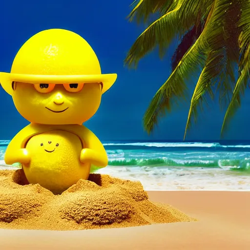 Prompt: 5 0 mm photograph, of a real anthropomorphic lemon character, with lemon skin texture, it is wearing a hat and scuba diving, building a sandcastle on the beach at sunset, beach, huge waves, sun, clouds, tropical trees, rim light, cinematic photography, professional, sand, sandcastle, volumetric lightening