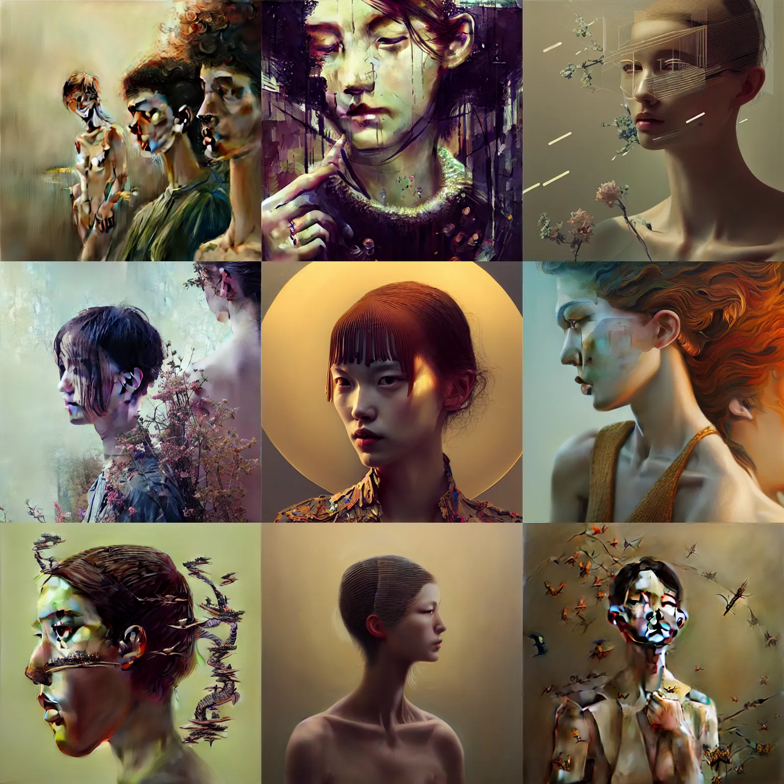 Image similar to 3 d, fashion models looks into the frame, intricate oil painting, high detail, figurative art, multiple exposure, poster art, 3 d, by tooth wu and wlop and beeple