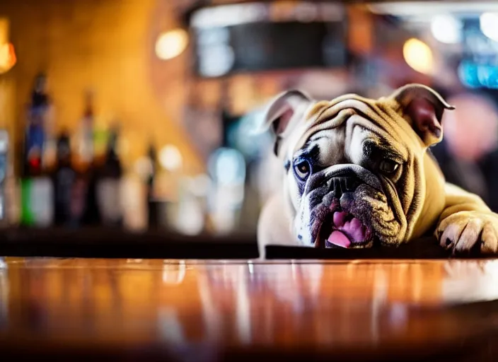 Image similar to a closeup, 4 5 mm, detailed photograph of a english bulldog drinking a beer on a bar - stool, sitting at a bar on a bar - stool, beautiful low light, 4 5 mm, by franz lanting