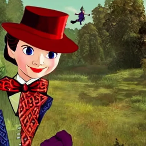 Prompt: a still of from the movie mary poppins crossover with the game the legend of zelda : majora's mask