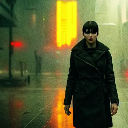 Image similar to a girl walking in a rainy city, still from bladerunner 2049, cinematic