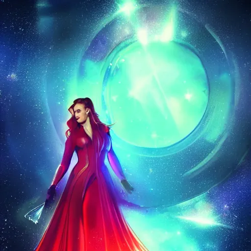 Image similar to a beautiful Scarlett witch, floating in space, neon, stars, galaxy, HDR, dreamscape, dramatic lighting, fantasy art illustration, trending on artstation, Aetherpunk