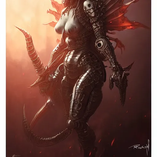 Image similar to female armored demon lord, ultra realistic, concept art, intricate details, eerie, highly detailed, photorealistic, octane render, 8k, unreal engine, art by artgerm and greg rutkowski and alphonse mucha