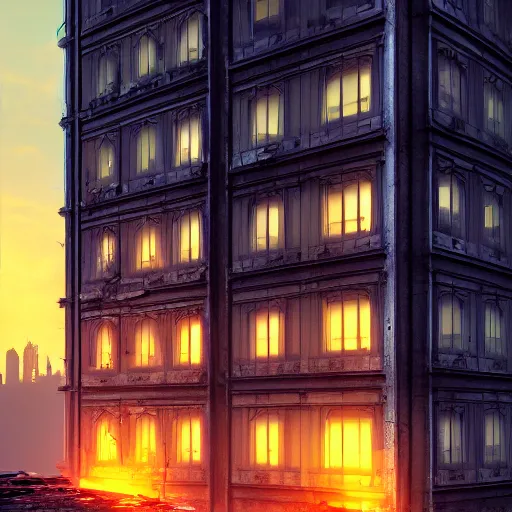 Image similar to One dilapidated building with only one window glowing. ArtStation, Cyberpunk, Vertical Symmetry, 8K, Highly Detailed, Intricate, Album Art.