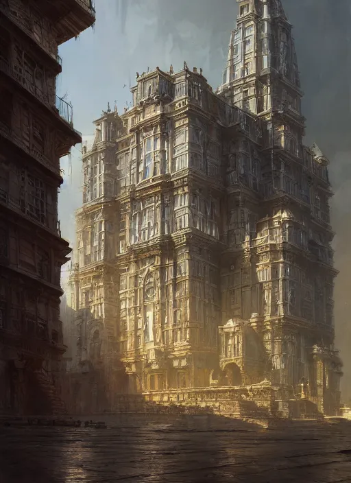 Image similar to a building with a very complicated architecture by peter kuczia, very detailed, intricate details, complimentary colors, perfect lighting, perfect composition, aesthetic, masterpiece, award winning, artstation, darek zabrocki, greg rutkowski, artgerm, 4 k