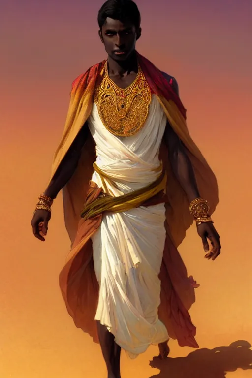 Image similar to full figure beautiful young fit dark skin man, covered in multicolored arabian fluent clothes, luminous scene, by greg rutkowski and alphonse mucha, d & d character, gradient white to gold, in front of a dune desert background, highly detailed portrait, digital painting, artstation, concept art, smooth, sharp focus illustration, artstation hq