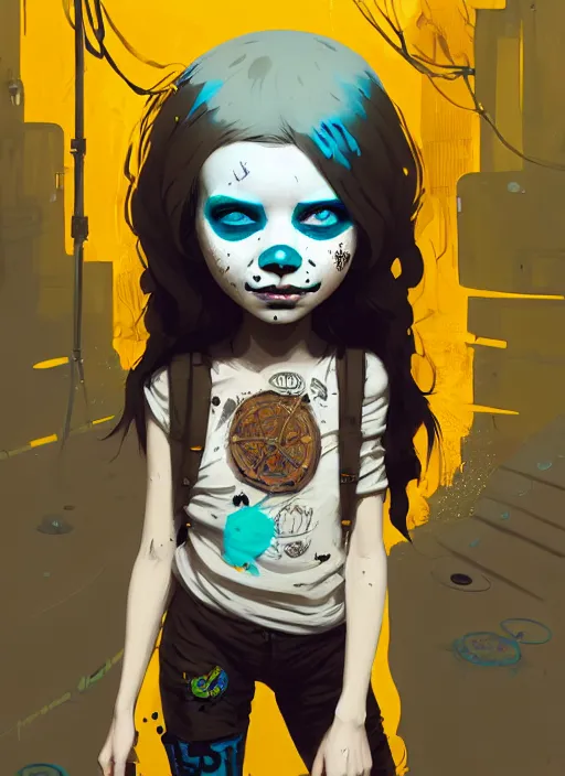 Image similar to highly detailed portrait of a sewer punk young lady with white graffiti face paint by atey ghailan, james gilleard, by joe fenton, by greg rutkowski, by greg tocchini, by kaethe butcher, 4 k resolution, gradient yellow, black, brown and cyan color scheme, grunge aesthetic!!! ( ( dystopian graffiti tag wall in background ) )