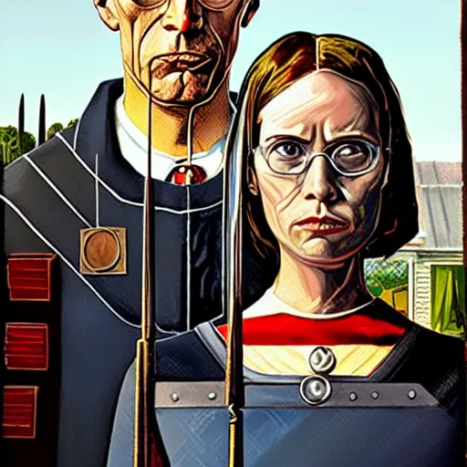 Image similar to American Gothic, by MARVEL comics and Sandra Chevrier