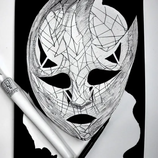 Image similar to an ink drawing of cracked, broken white tragedy mask, deviant art, artgerm