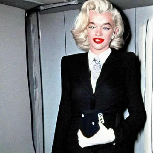 Image similar to DSLR 35mm film photography of young marilyn monroe, 1980s fashing, as a flight attendant in 1998