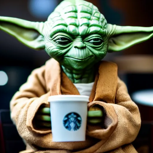 Image similar to yoda from star wars sitting comfortably in a starbucks drinking a latte in the evening. color photo, 8 5 mm high depth of field, warm color palette.