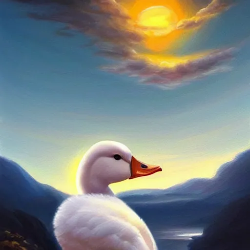 Image similar to extremely beautiful painting of a white duck in a sunset on a mountain, dynamic composition, dramatic lighting, stylized portrait, painting by artgerm, dungeons and dragons, visible brush strokes, trending golden color scheme