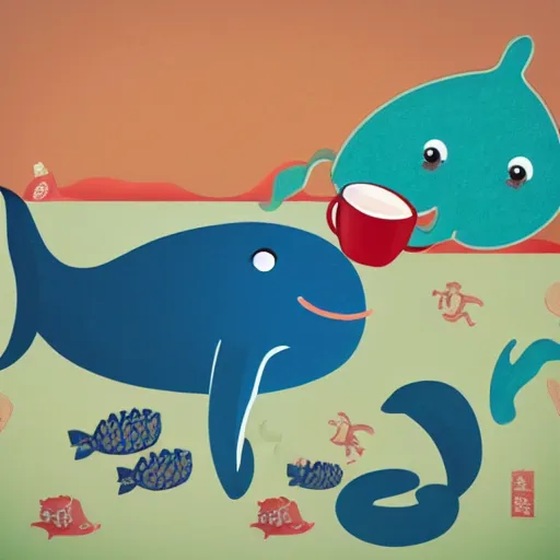 Image similar to a whale and a sea monster sharing a cup of tea