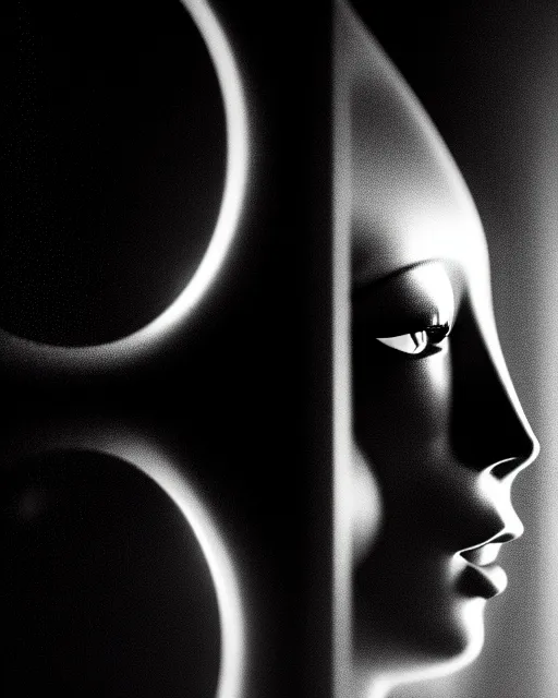 Image similar to black and white high quality photo of a female AI-queen-dragon-meshes-cyborg looking into a sci-fi mirror, volumetric lighting, brutalism, foggy, dreamy, hyperdetailed, bokeh, photorealistic, cinematic, masterpiece, elegant, dark, by Man Ray in the style of Horst P. Horst, octane render, 8K,