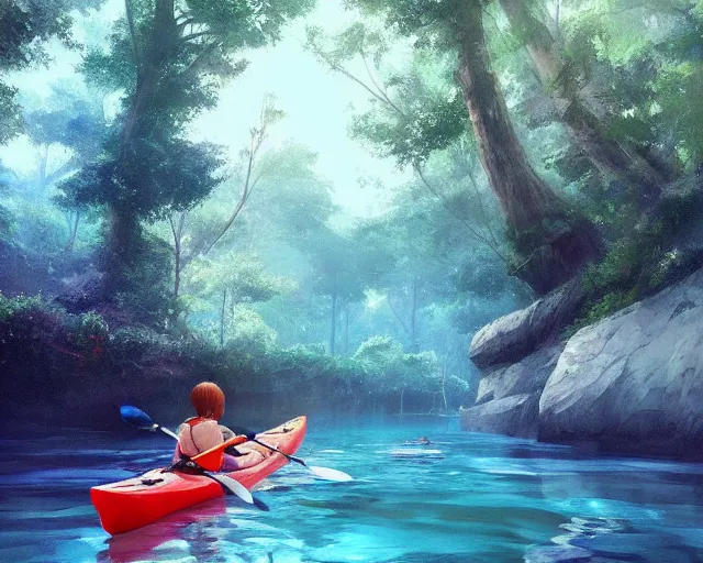 Prompt: a kayak in a river. blue water, atmospheric lighting. by makoto shinkai, stanley artgerm lau, wlop, rossdraws, james jean, andrei riabovitchev, marc simonetti, krenz cushart, sakimichan, d & d trending on artstation, digital art.