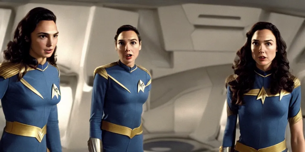 Prompt: Gal Gadot, in Starfleet uniform, in the role of Captain Kirk in a scene from Star Trek the original series, Tribble episode