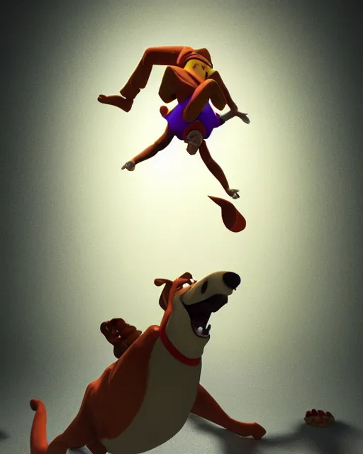 Image similar to Scooby Doo doing a backflip, studio lighting, white background, blender, trending on artstation, 8k, highly detailed