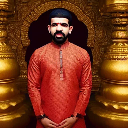 Prompt: photograph, wearing a kurta, standing in a hindu kovil, photograph of drake the rapper's face, realistic lighting