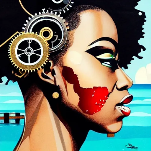 Image similar to side profile of a black woman :: in ocean :: clockwork details :: gold :: blood and horror :: by vikings and Sandra Chevrier