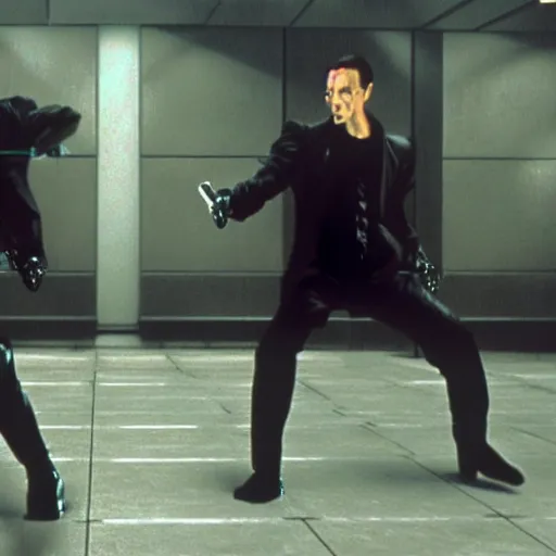 Image similar to neo fighting security. Matrix movie screenshot. Epic keyframe.