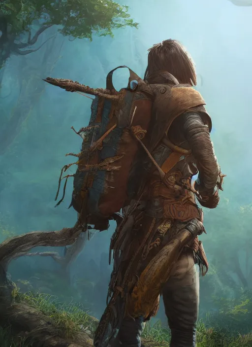 Image similar to an epic fantasy comic book style portrait painting of a male fantasy explorer in the wilds with a backpack and map, unreal 5, daz, hyperrealistic, octane render, cosplay, rpg portrait, dynamic lighting