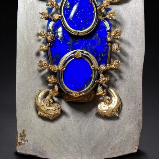 Prompt: photo of a lapis lazuli battle shield with jewels