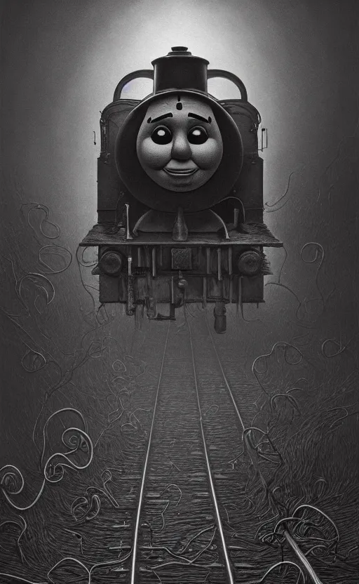 Image similar to thomas the tank engine in style of zdzisław beksinski, extremely dramatic lighting, 8 k, tendrils, black, darkness, black slime tendrils, infected, rust, body horror, thomas the train, thomas the tank engine face, horror,