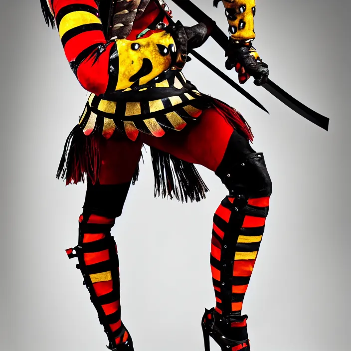 Image similar to full body photo of a real - life beautiful harlequin warrior, 8 k, hdr, smooth, sharp focus, high resolution, award - winning photo