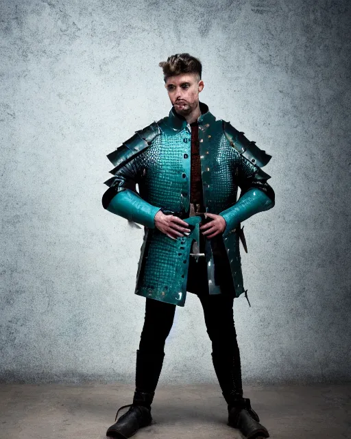 Prompt: an award - winning photo of a ancient male model wearing a baggy teal distressed medieval designer menswear leather jacket slightly inspired by medieval armour, 4 k, studio lighting, wide angle lens
