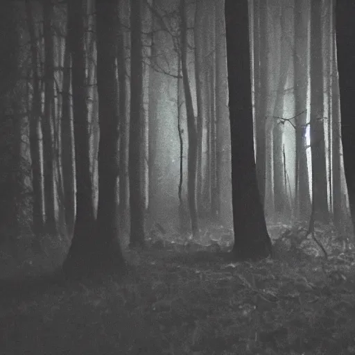 Image similar to a smudged, scratched, grainy and blurry photograph showing the whole body of a slender man dynamically and frenetically moving in a dark room. his dance is wild and unpredictable. in the creepy woods, night time, flash lights.