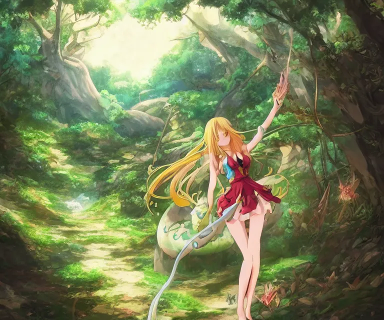 Image similar to genie in a forest, anime fantasy illustration by tomoyuki yamasaki, kyoto studio, madhouse, ufotable, comixwave films, trending on artstation