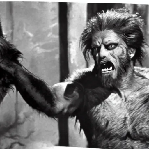 Image similar to film still of a werewolf extending his out hand in the wolf man 1 9 4 1