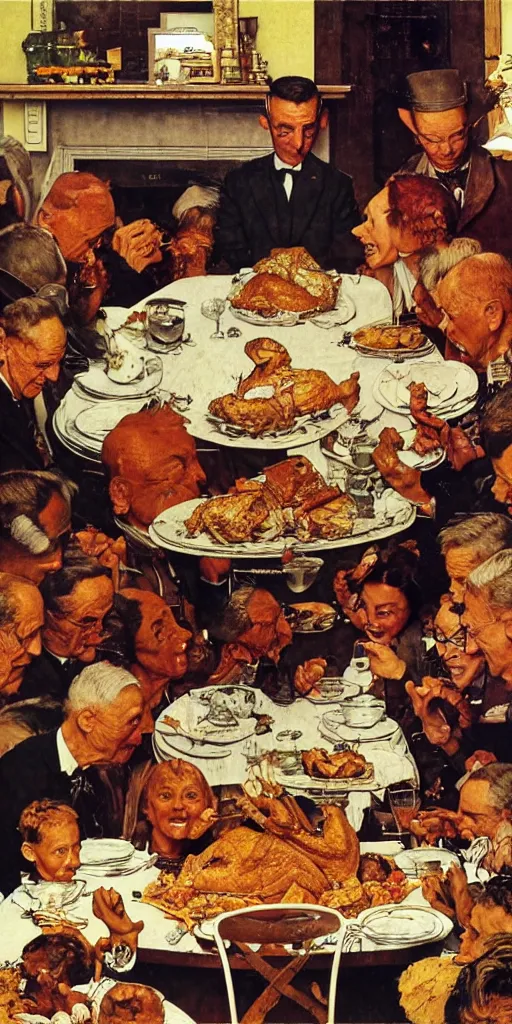 Image similar to the mars rover eating thanksgiving dinner at the head of the table norman rockwell painting