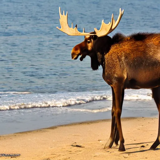 Image similar to photo of a moose at the beach in Tel Aviv, 50mm, beautiful photo