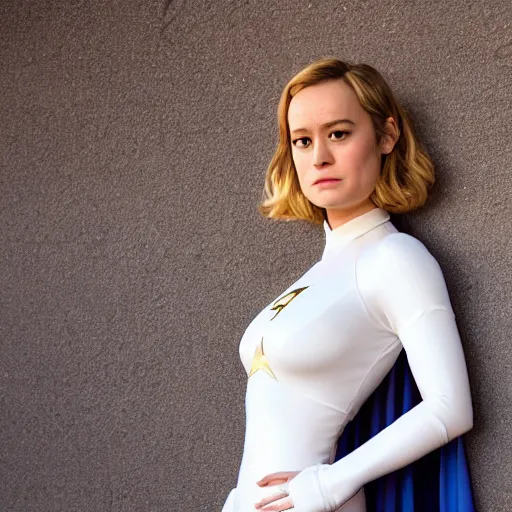 Image similar to brie larson as dc comics'' power girl ', full body with white leotard costume and cape and open chest, pinup photo, 4 k