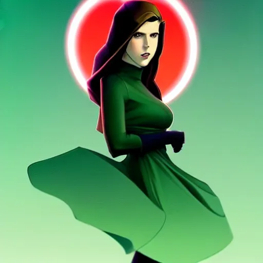 Prompt: Phil Noto comic art, artgerm, cinematics lighting, beautiful Anna Kendrick supervillain, green dress with a black hood, angry, symmetrical face, Symmetrical eyes, full body, flying in the air over city, night time, red mood in background