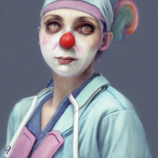 Image similar to clowncore pastel punk young hospital nurse wearing stylish uniform. detailed, portrait, 8 k, artwork by jean - baptiste monge