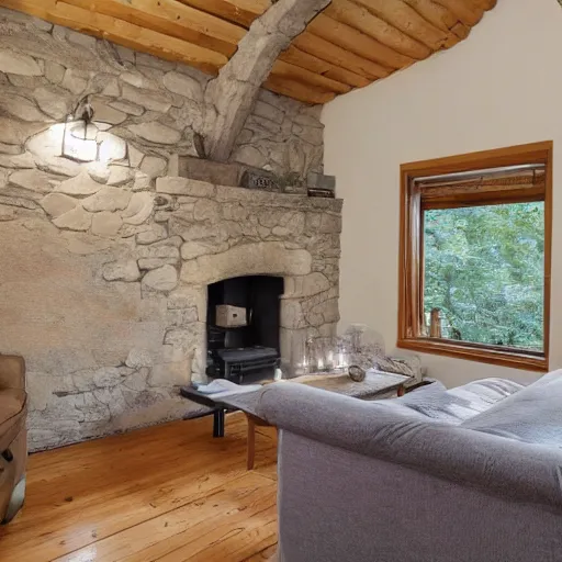 Prompt: photo of interior of cozy stone cottage