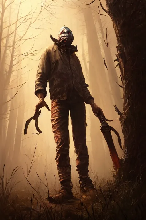 Image similar to highly detailed portrait of the trapper, in dead by daylight, stephen bliss, unreal engine, fantasy art by greg rutkowski, loish, rhads, ferdinand knab, makoto shinkai and lois van baarle, ilya kuvshinov, rossdraws, tom bagshaw, global illumination, radiant light, detailed and intricate environment