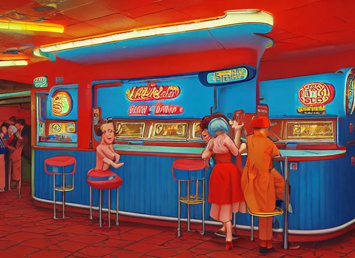 Image similar to diner, 1950s,jukebox,8K, by akira toriyama