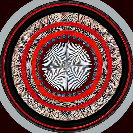 Prompt: a circular piece of wood with a pattern of red yellow and grey - blue eye shapes, radial symmetry, intricate, highly detailed