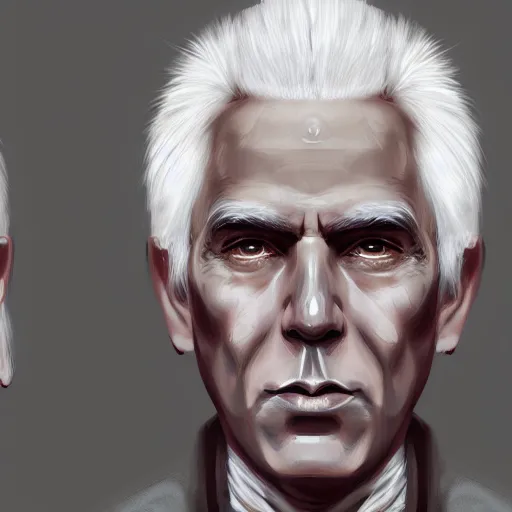 Prompt: portrait of a man, with 40 years, white hair, digital painting, concept art cyberpunk