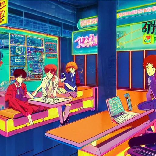 Prompt: seedy internet cafe, sprite, vaporwave nostalgia, directed by beat takeshi, visual novel cg, 8 0 s anime vibe, kimagure orange road, maison ikkoku, initial d, sketch by osamu tezuka, directed by makoto shinkai and beat takeshi, 4 k ultra hd