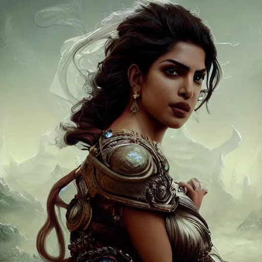 Prompt: portrait of priyanka chopra, fantasy, intricate, elegant, highly detailed, digital painting, artstation, concept art, matte, sharp focus, illustration, octane render, unreal engine, art by aenaluck and roberto ferri and greg rutkowski, epic fantasy, digital painting