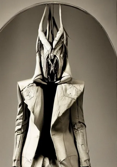 Prompt: an award - winning photo of an ancient male model wearing a plain designer menswear jacket inspired by h. r. giger designed by alexander mcqueen