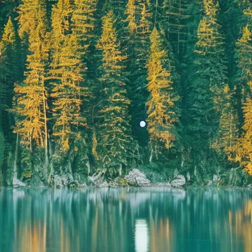 Image similar to there is a single rock hovering above a clear blue lake in a clearing in the middle of an evergreen forest at dawn