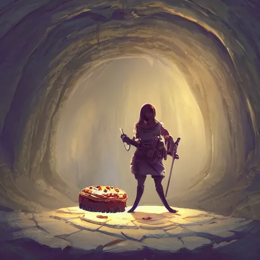 Image similar to an adventurer finding a cake in a dark mysterious cave, digital art, artstation cgsociety