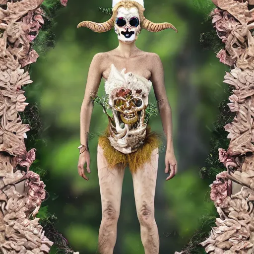 Prompt: champagne blonde lady changeling mythical satyr, humanoid with goat horns and goat legs, mid - waist self - portrait, perfect symmetry, intricate, dia de los muertos, skulls and flowers mask, aztec ultra detailed feathered dress 4 k resolution, octane rendering, ultra realistic, photo realism, beeple, 2 0 mm