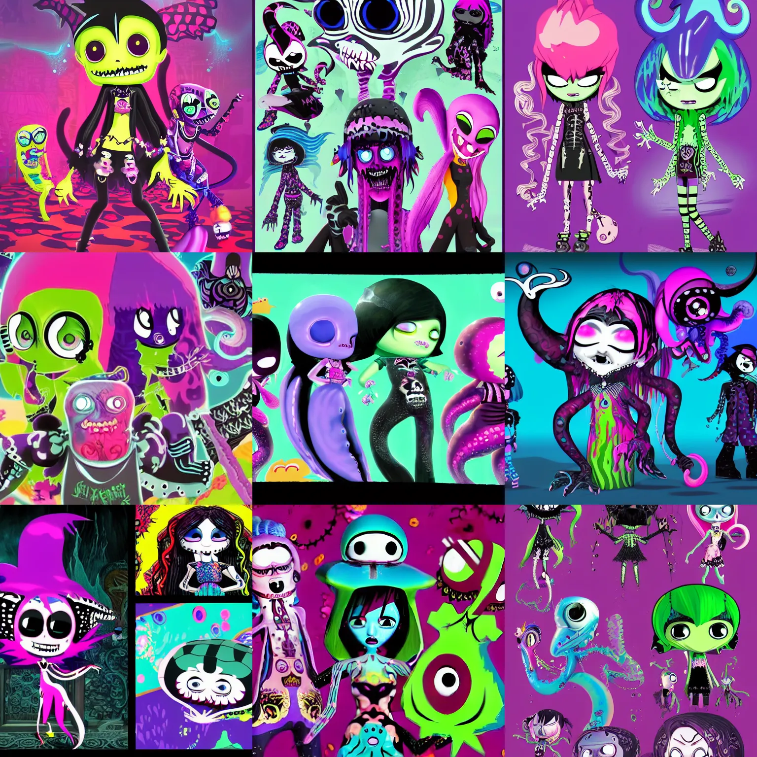 Prompt: CGI lisa frank gothic punk vampiric ghostly underwater vampiric anthropomorphic squid character designs of various shapes and sizes by genndy tartakovsky and ruby gloom by martin hsu and the creators of fret nice being overseen by Jamie Hewlett from gorillaz and tim shafer from doublefine for a splatoon game by nintendo